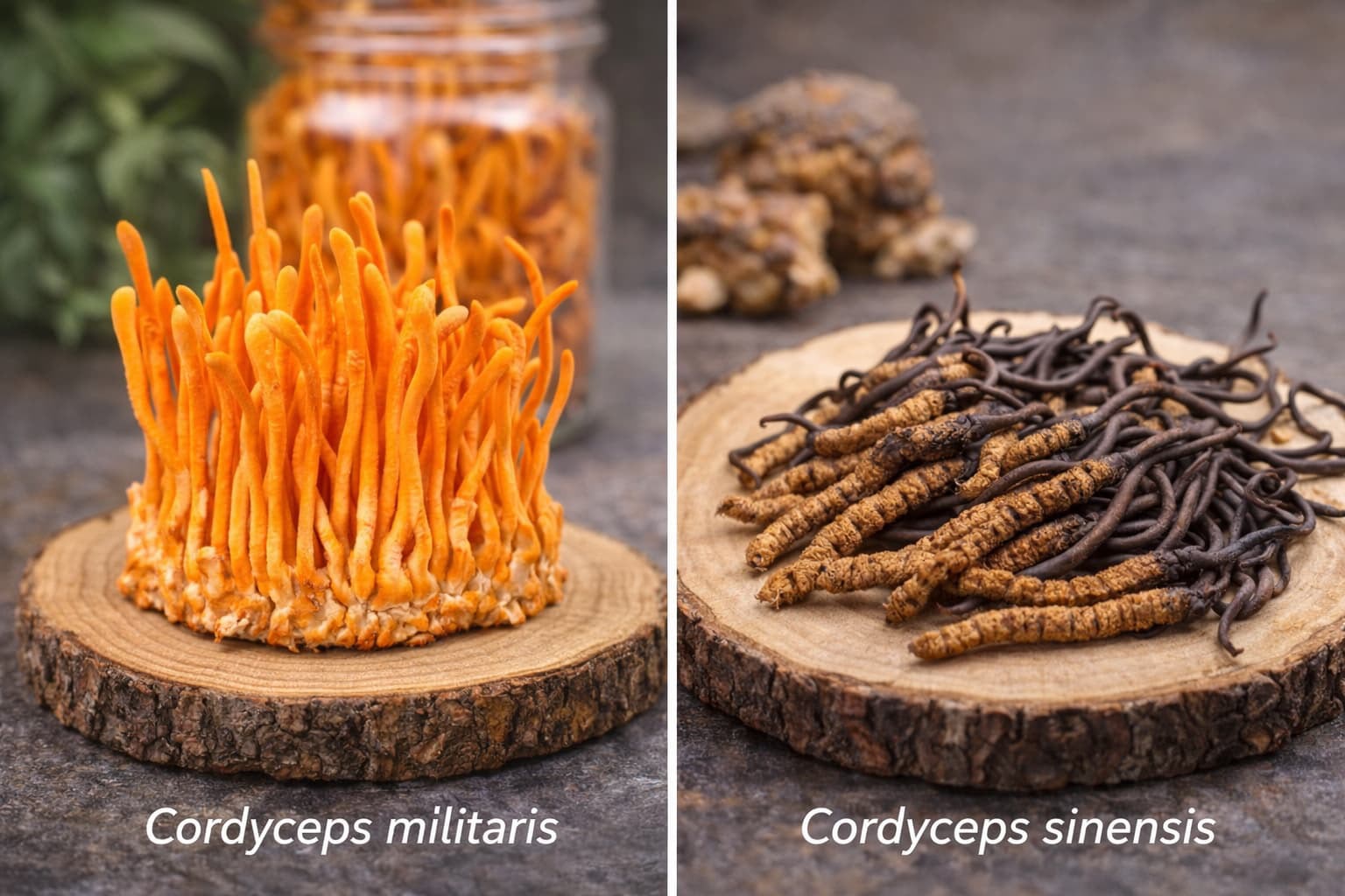 Cultivated Cordyceps militaris beside wild-collected Ophiocordyceps sinensis